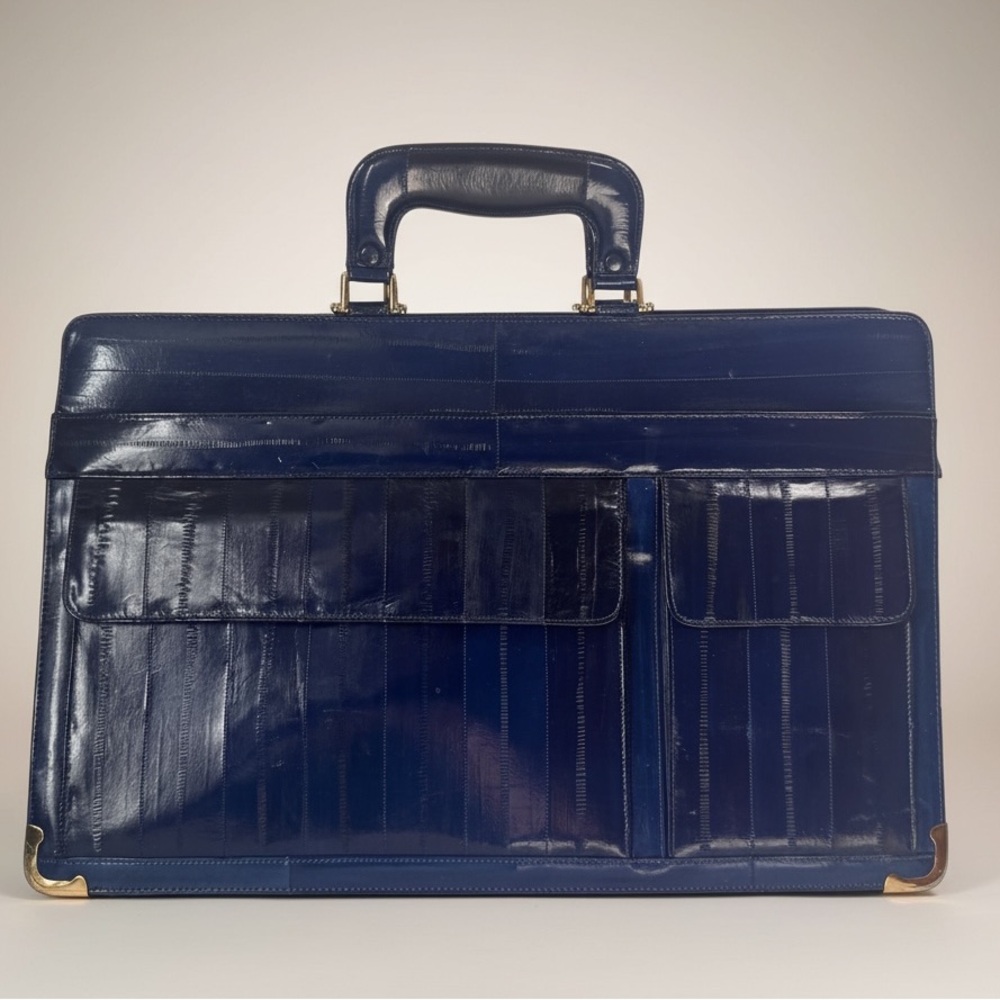 EEL Skin Vintage 80s Leather Laptop Bag Pockets Satchel Zip Brass Briefcase Cell